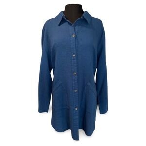 NEW Focus Casual Life Button Up Waffle Tunic Size XL Blue Collard Pockets Cotton
